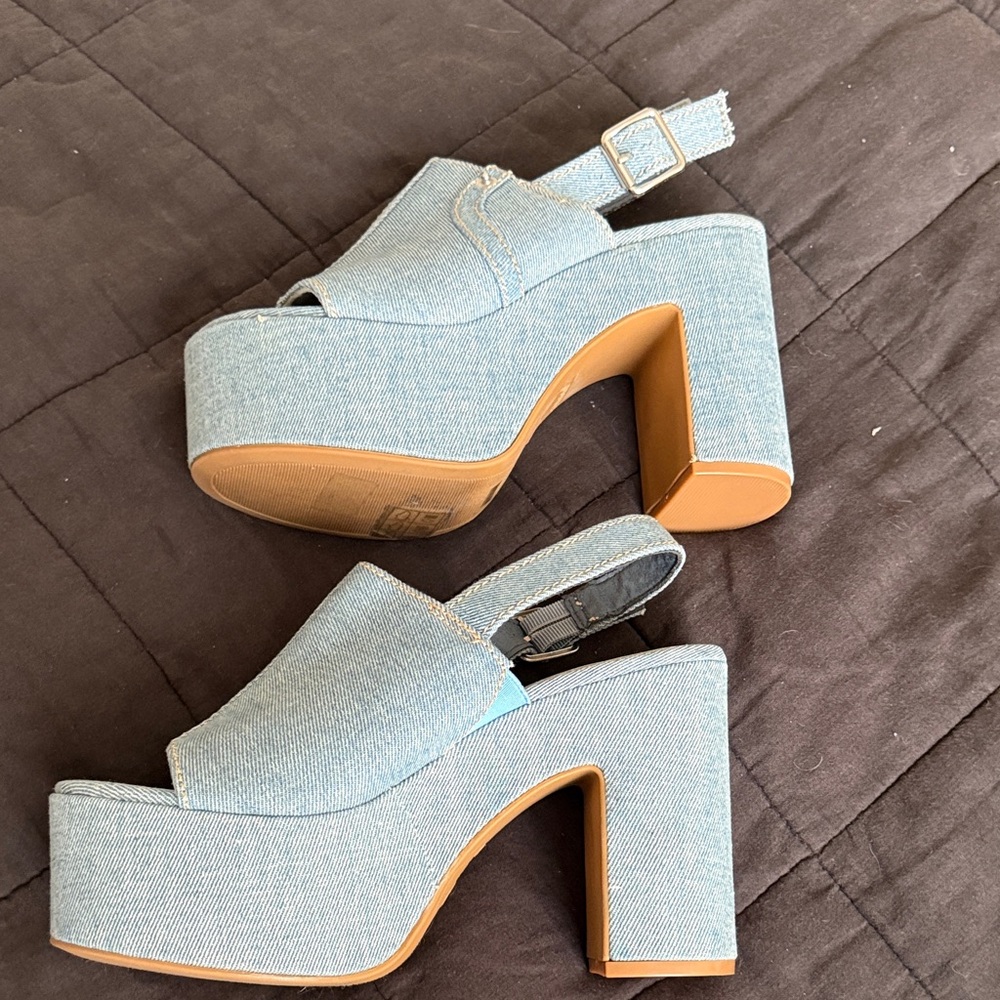BAMBOO Light Blue Denim Platform Heels